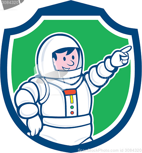 Image of Astronaut Pointing Front Shield Cartoon