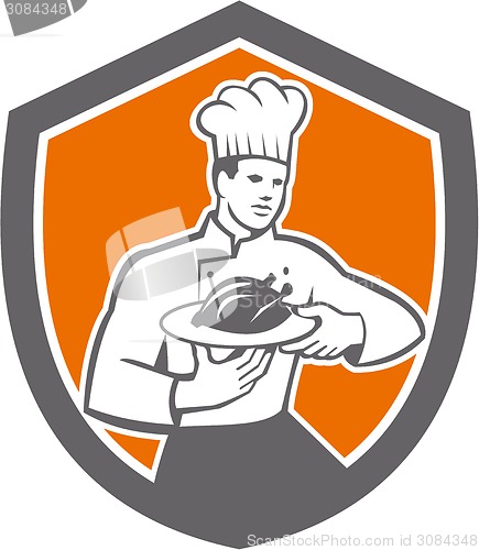 Image of Chef Cook Serving Chicken Platter Shield Retro