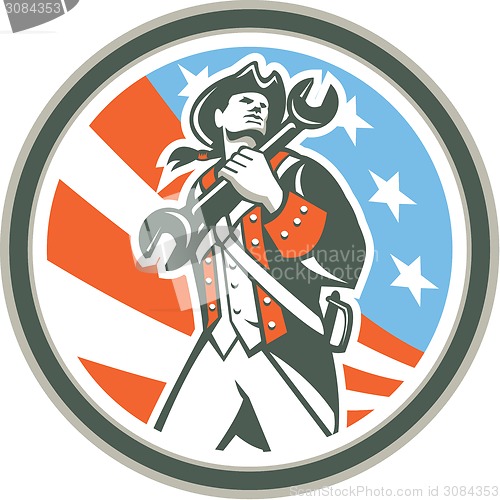 Image of American Patriot Holding Wrench Circle Retro