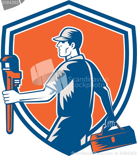 Image of Plumber Carry Toolbox Wrench Shield Woodcut