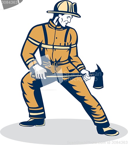 Image of Fireman Firefighter Standing Holding Fire Axe 