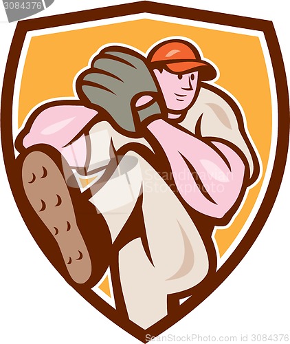 Image of Baseball Pitcher Outfielder Leg Up Shield Cartoon