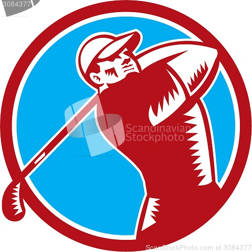 Image of Golfer Tee Off Golf Circle Woodcut