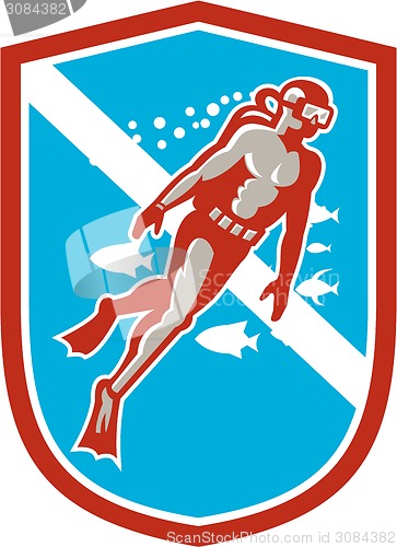 Image of Scuba Diver Diving Going Up Shield Retro