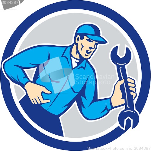 Image of Mechanic Shouting Holding Spanner Wrench Circle Retro