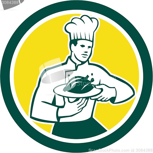 Image of Chef Cook Serving Chicken Platter Circle Retro