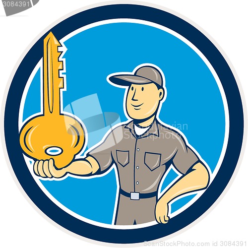 Image of Locksmith Balancing Key Palm Circle Cartoon