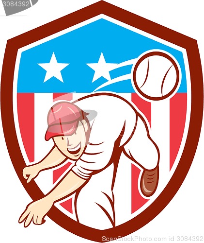 Image of Baseball Pitcher Outfielder Throwing Ball Shield Cartoon