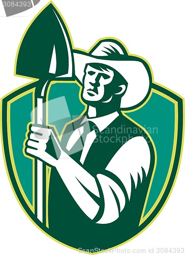 Image of Organic Farmer Shovel Shield Woodcut 