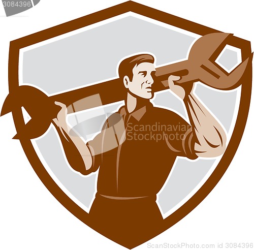 Image of Mechanic Lifting Spanner Wrench Shield Retro