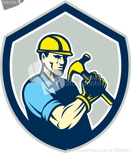 Image of Builder Carpenter Holding Hammer Shield Retro