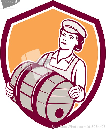 Image of Female Bartender Carrying Keg Shield Retro