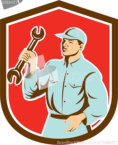 Image of Mechanic Holding Spanner Wrench Shield Retro
