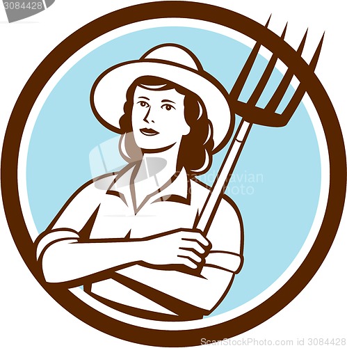 Image of Female Organic Farmer Pitchfork Circle Retro