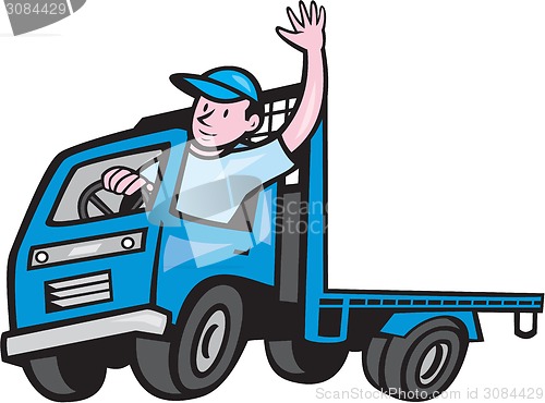 Image of Flatbed Truck Driver Waving Cartoon