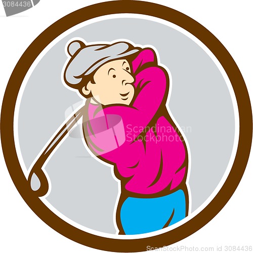 Image of Golfer Swinging Club Circle Cartoon