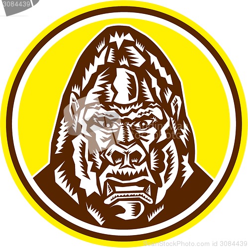 Image of Angry Gorilla Head Circle Woodcut Retro