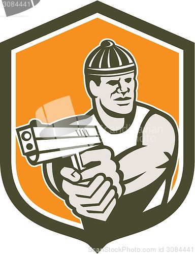 Image of Robber Pointing Gun Shield Retro