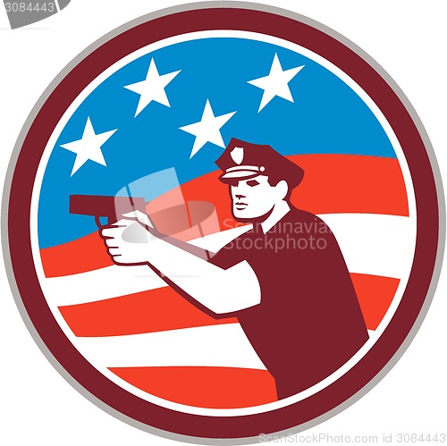 Image of Policeman With Gun American Flag Circle Retro