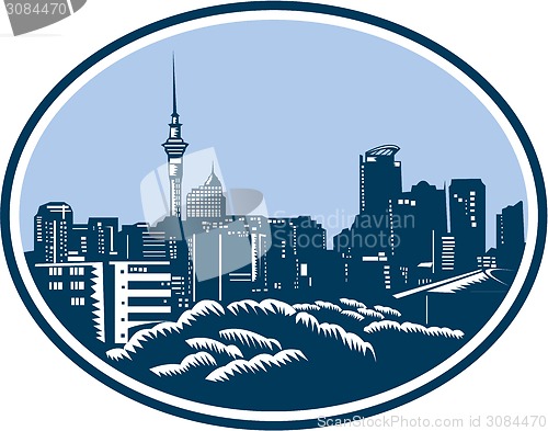 Image of Auckland City Skyline Woodcut Retro