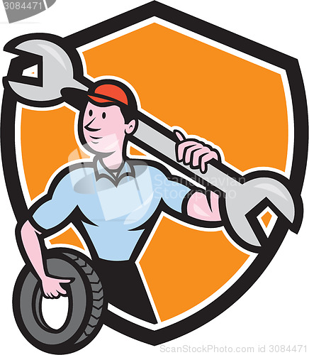 Image of Mechanic Spanner Wrench Tire Shield Cartoon