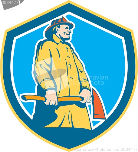 Image of Fireman Firefighter Standing Axe Shield Retro