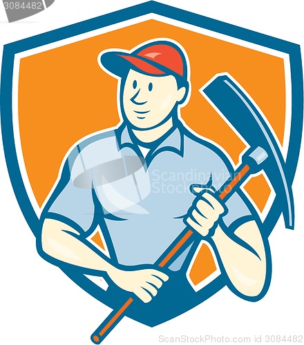 Image of Construction Worker Holding Pickaxe Shield Cartoon