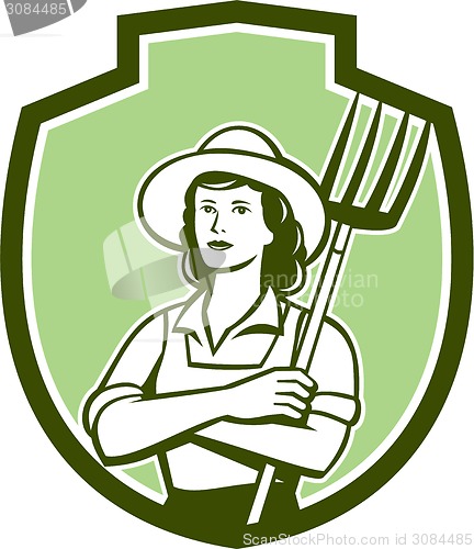 Image of Female Organic Farmer Pitchfork Shield Retro