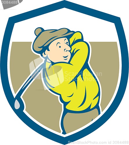 Image of Golfer Swinging Club Shield Cartoon