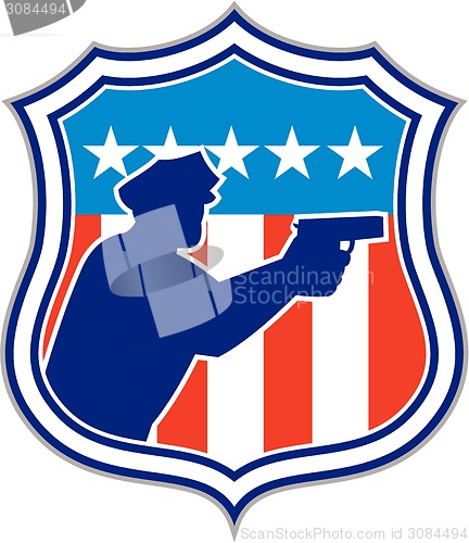 Image of Policeman Silhouette With Gun Flag Shield Retro