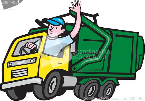 Image of Garbage Truck Driver Waving Cartoon