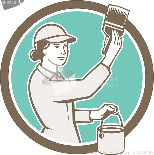 Image of Female House Painter Paintbrush Circle Retro