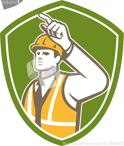Image of Builder Construction Worker Pointing Shield Retro