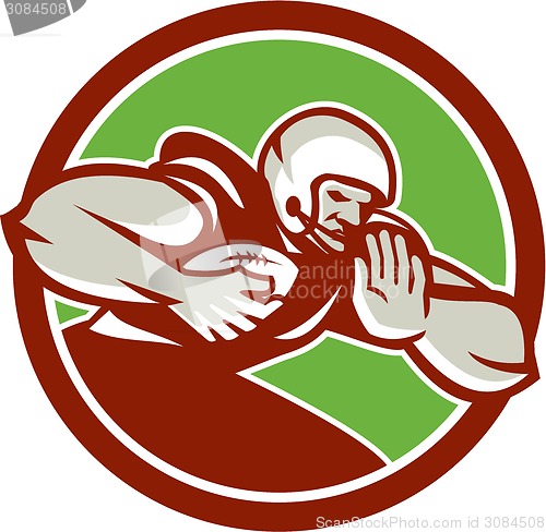 Image of American Football Player Rushing Fending Circle Retro