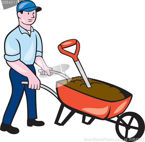 Image of Gardener Pushing Wheelbarrow Cartoon