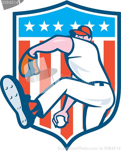 Image of Baseball Pitcher Outfielder Throwing Ball Shield Cartoon