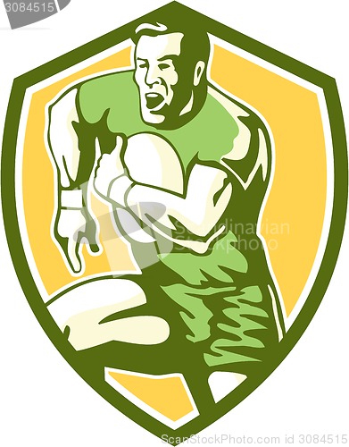 Image of Rugby Player Running Goose Steps Shield Retro
