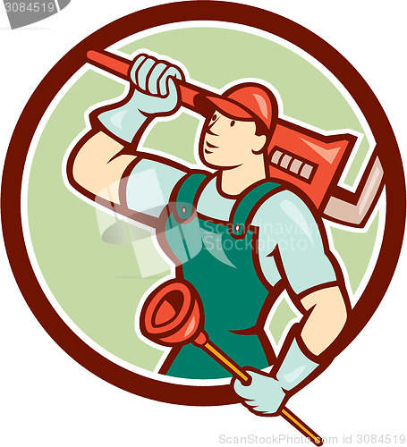 Image of Plumber Holding Wrench Plunger Circle Cartoon