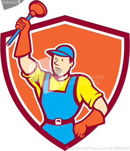 Image of Plumber Holding Plunger Up Shield Cartoon