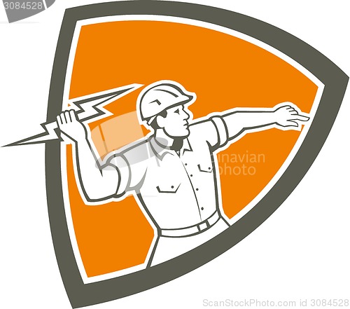 Image of Electrician Holding Lightning Bolt Shield Retro