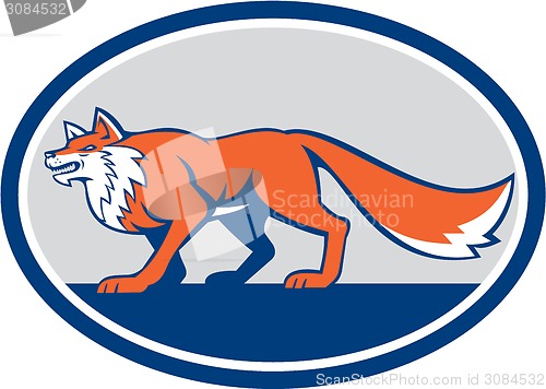 Image of Red Fox Pouncing Side Oval Retro