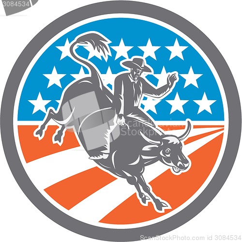 Image of Rodeo Cowboy Bull Riding Flag Circle Retro
