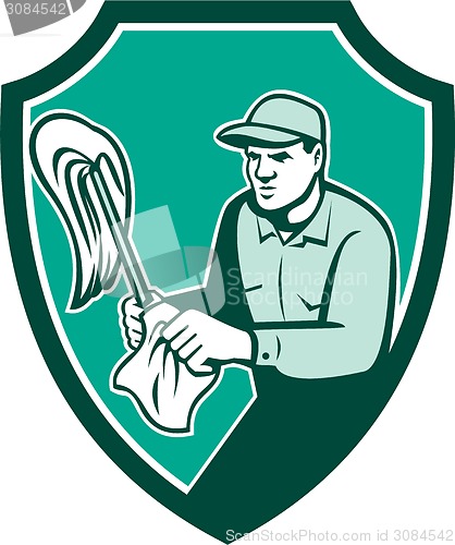 Image of Janitor Cleaner Holding Mop Cloth Shield Retro