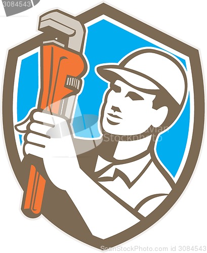 Image of Plumber Holding Wrench Shield Retro