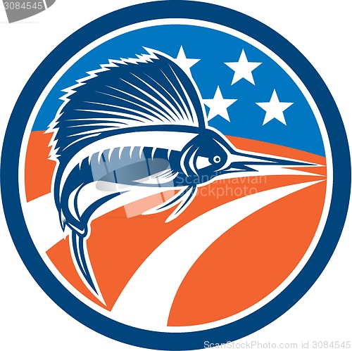 Image of Sailfish Fish Jumping American Flag Circle Retro