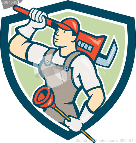 Image of Plumber Holding Wrench Plunger Shield Cartoon