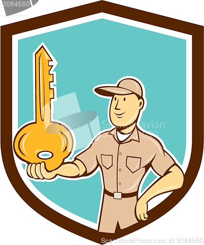 Image of Locksmith Balancing Key Palm Shield Cartoon