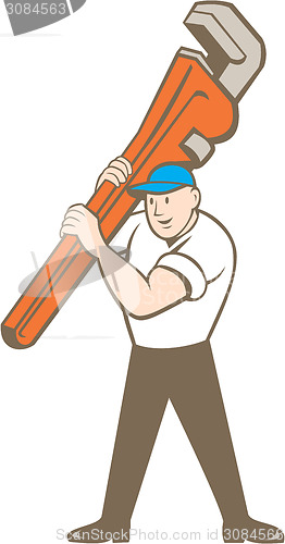 Image of Plumber Carrying Monkey Wrench Cartoon