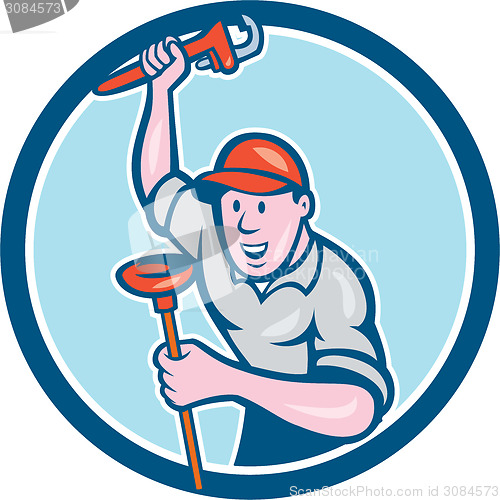 Image of Plumber Holding Wrench Plunger Circle Cartoon