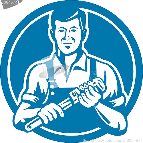 Image of Plumber Holding Wrench Circle Retro